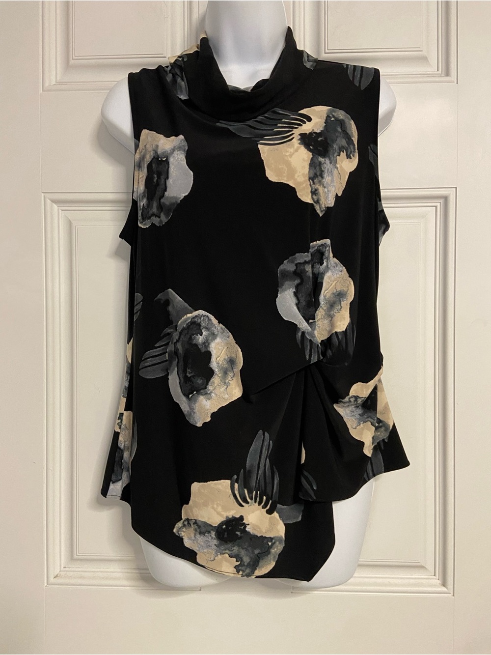 T43- DKNY Black ARTSY Abstract Floral Cowl Neck Gathered Front Top